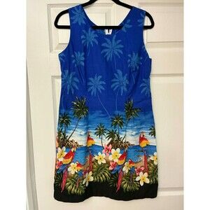 Pacific Legend Hawaii Dress Tropical Parrot Palm Tree Sleeveless Blue Made‎ USA